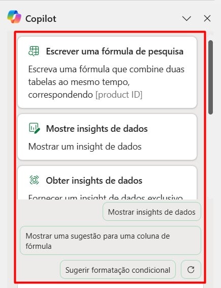 Sugestões do Copilot no Excel