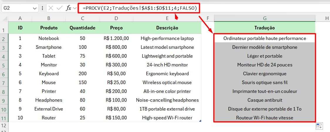 Aplicação de PROCV para Tradução Automática no Excel