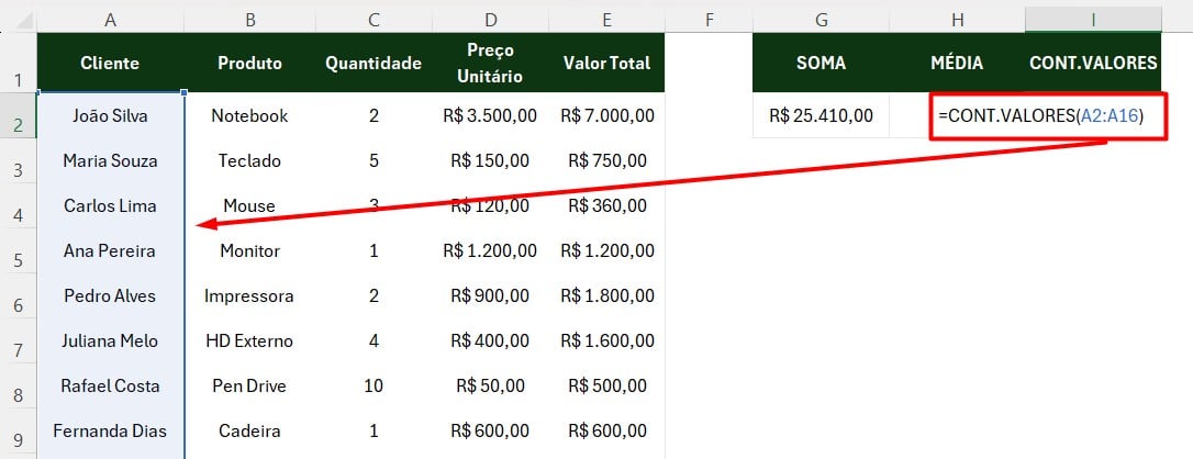 Aplicando a Função CONT.VALORES no Excel