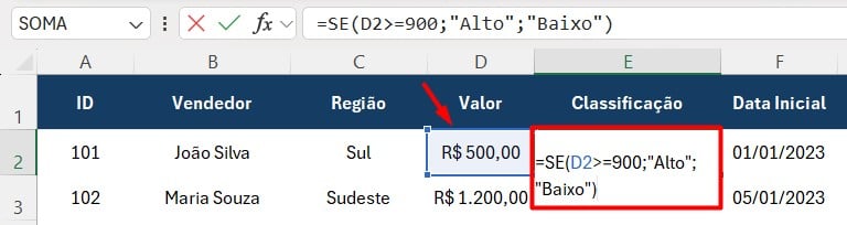 Aplicando a Função SE no Excel