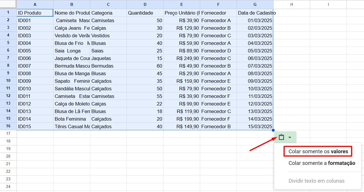 Colando Somente os Valores no Google Sheets