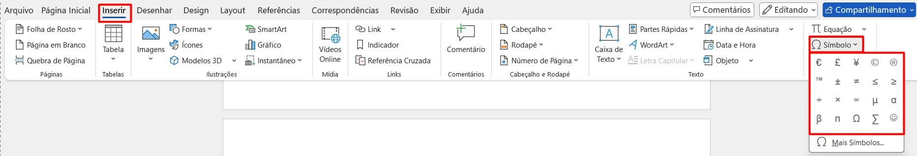 Opções de Símbolos no Word
