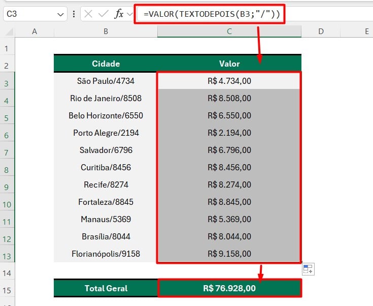 Resultado da Função VALOR junto da Função TEXTODEPOIS no Excel