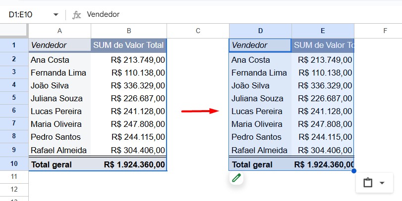 Copiando Tabela Dinâmica no Google Sheets