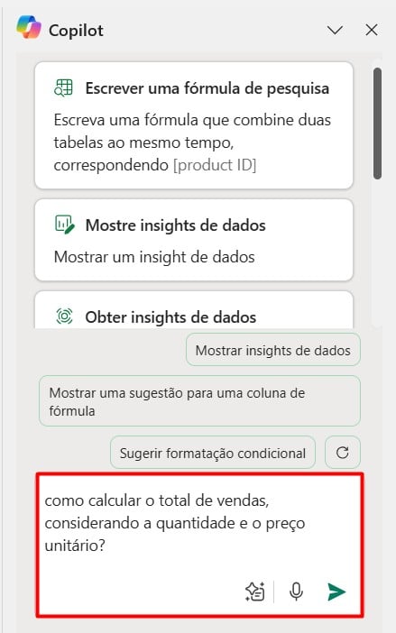 Enviando Prompt ao Copilot no Excel