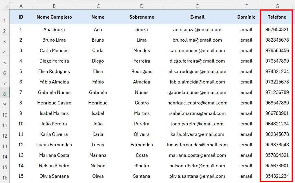 Lista de Telefones sem Edição no Excel