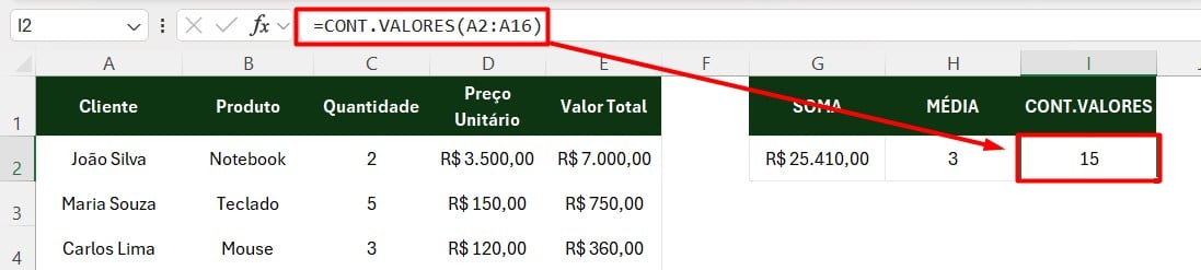 Funções Básicas do Excel: SOMA, MÉDIA e CONT.VALORES