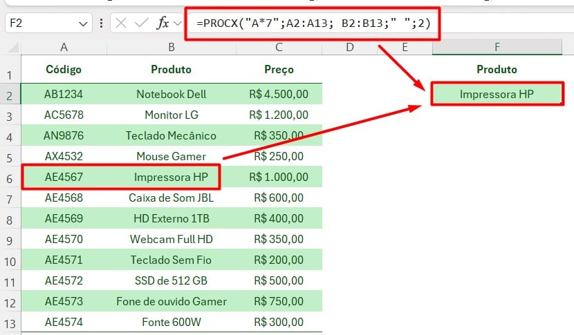 Resultado da Função PROCX com Curinga no Excel