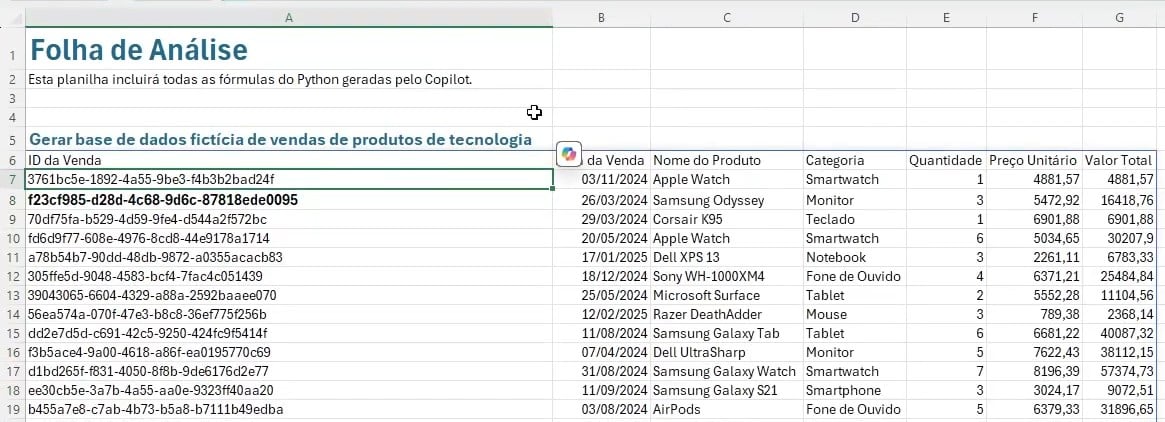 Base de Dados Gerada com Phyton no Copilot no Excel