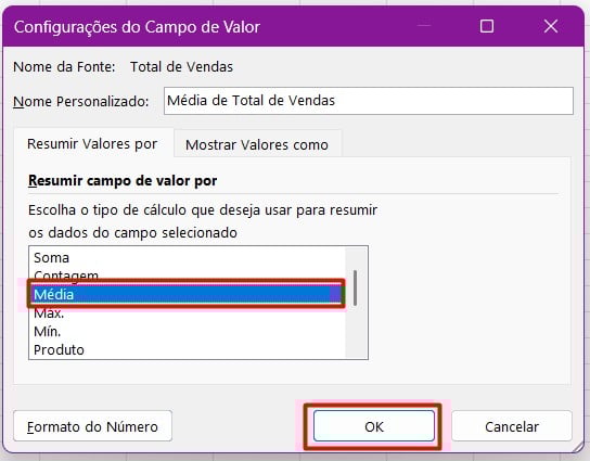 Configurando os Campos de Valores da Tabela Dinâmica no Excel