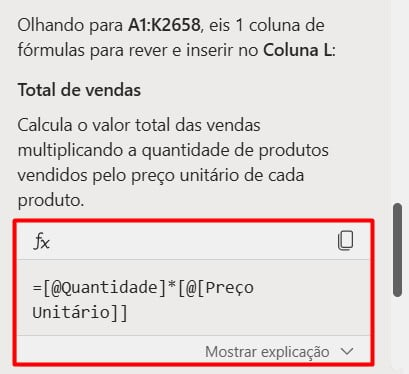 Sugestão do Copilot no Cálculo de Valor Total no Excel