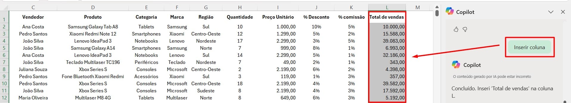 Inserindo Coluna Calculada no Excel com o Copilot