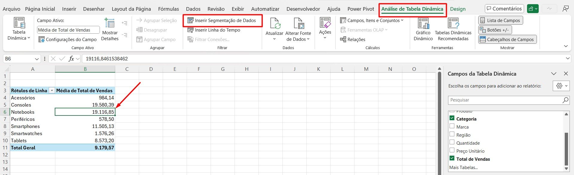 Inserindo Segmentação de Dados na Tabela Dinâmica do Excel