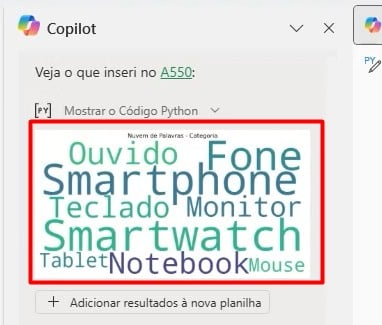 Nuvem de Palavras Gerada pelo Copilot no Excel