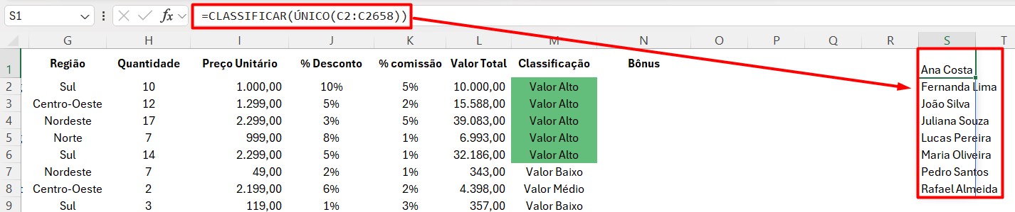 Funções CLASSIFICAR e ÚNICO no Excel