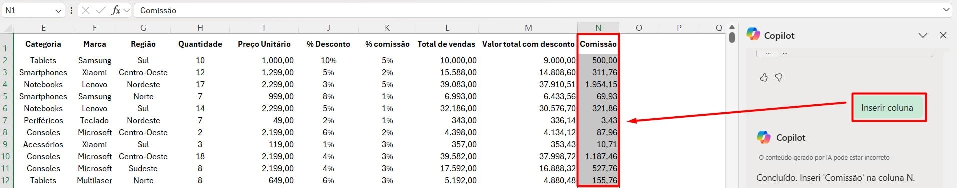 Inserindo Coluna Calculada no Excel com o Copilot