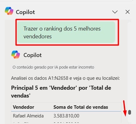 Prompt Enviado ao Copilot no Excel