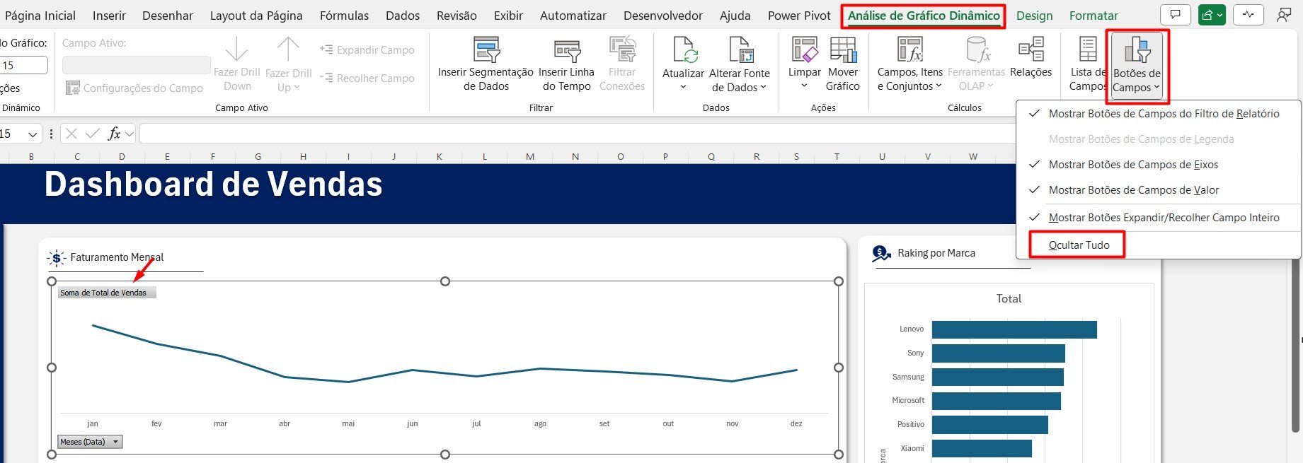 Ocultando Botões de Gráficos Dinâmicos no Excel