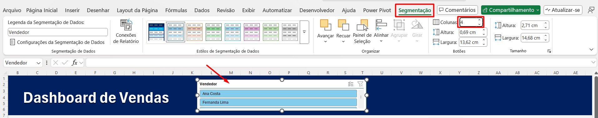 Configuração da Segmentação de Dados no Dashboard de Vendas no Excel