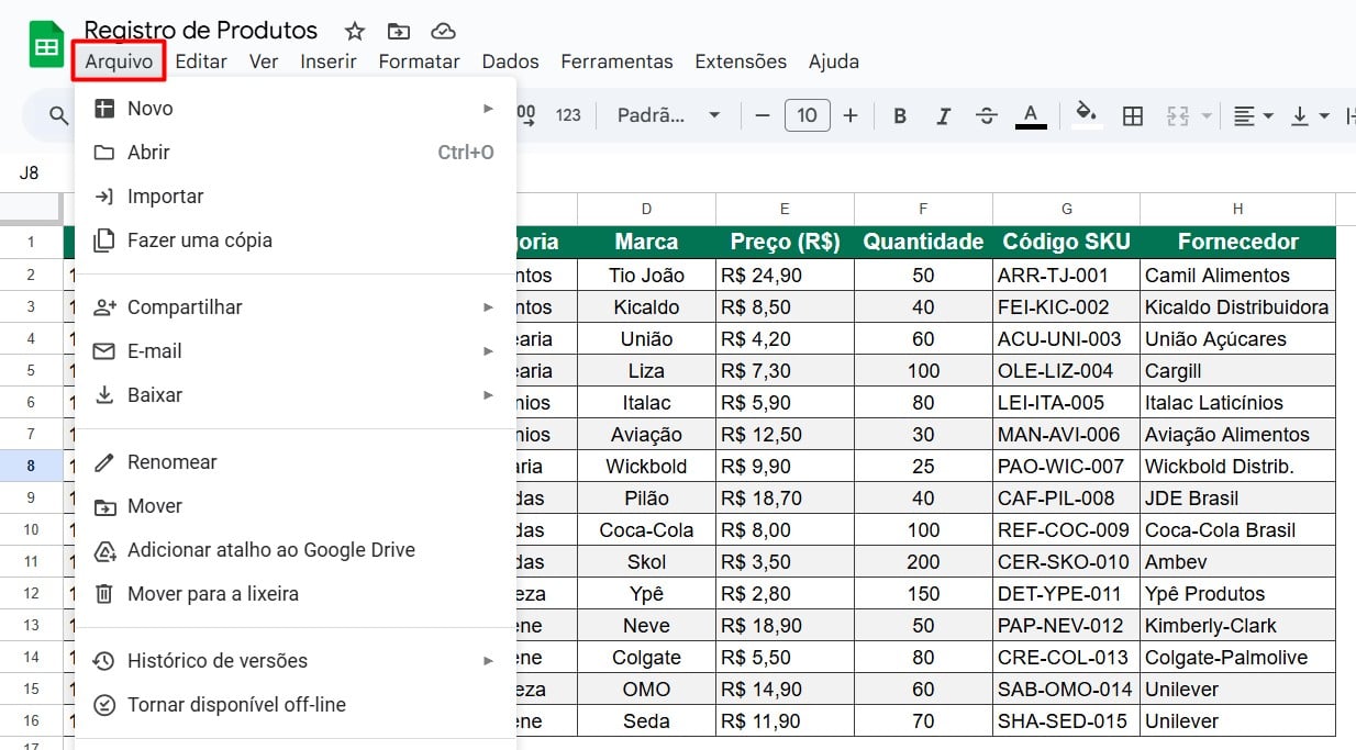 Acessando a Aba de Arquivos no Google Sheets