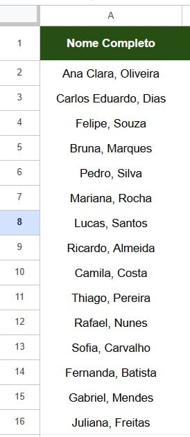 Lista de Nomes Separados por Vírgula no Google Sheets
