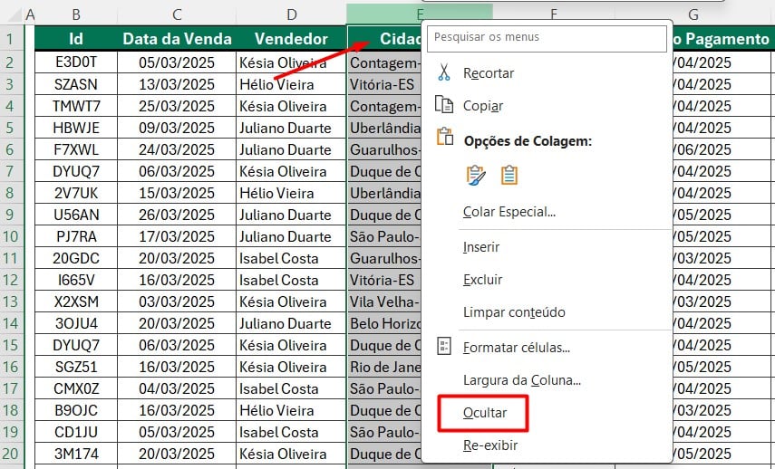Ocultando Colunas Manualmente no Excel
