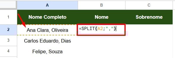 Aplicando a Função SPLIT no Google Sheets