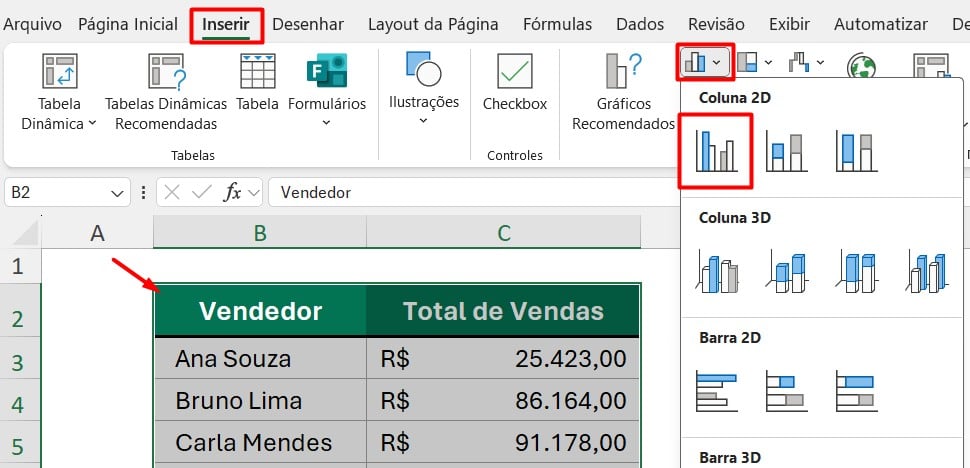 Criando Gráfico de Colunas no Excel