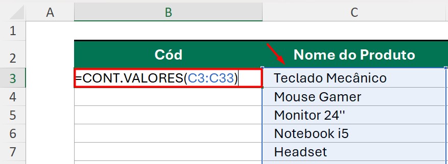 Função CONT.VALORES no Excel