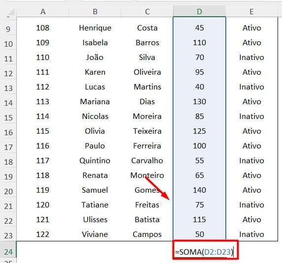 Função SOMA no Excel