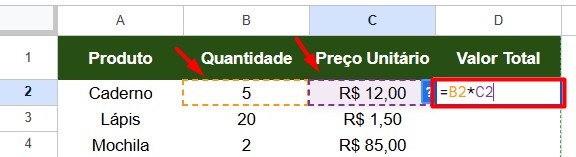 Multiplicando Valores no Google Sheets