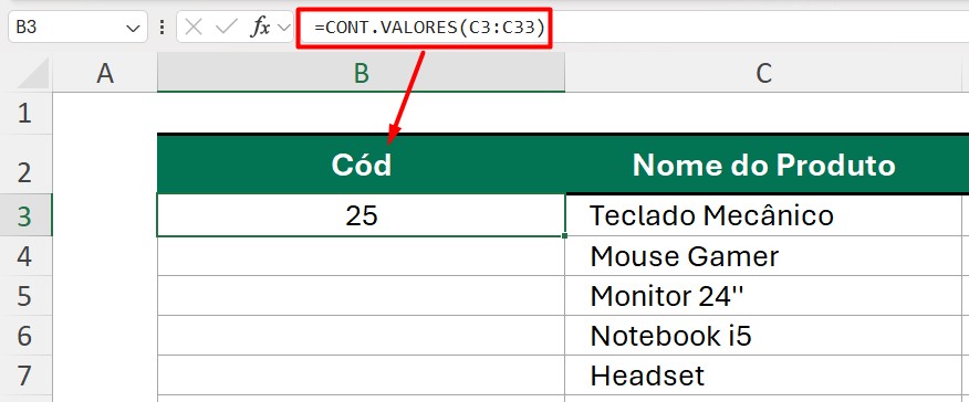 Função CONT.VALORES no Excel