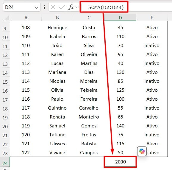 Função SOMA no Excel