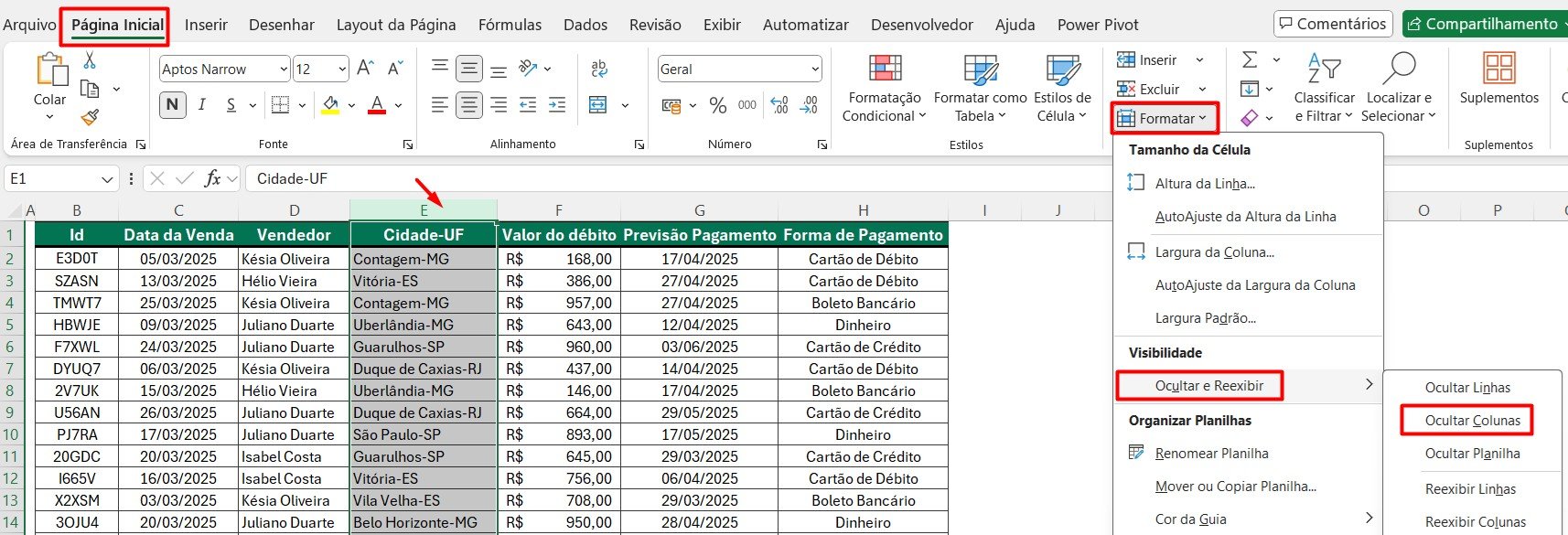 Ocultando Colunas no Excel