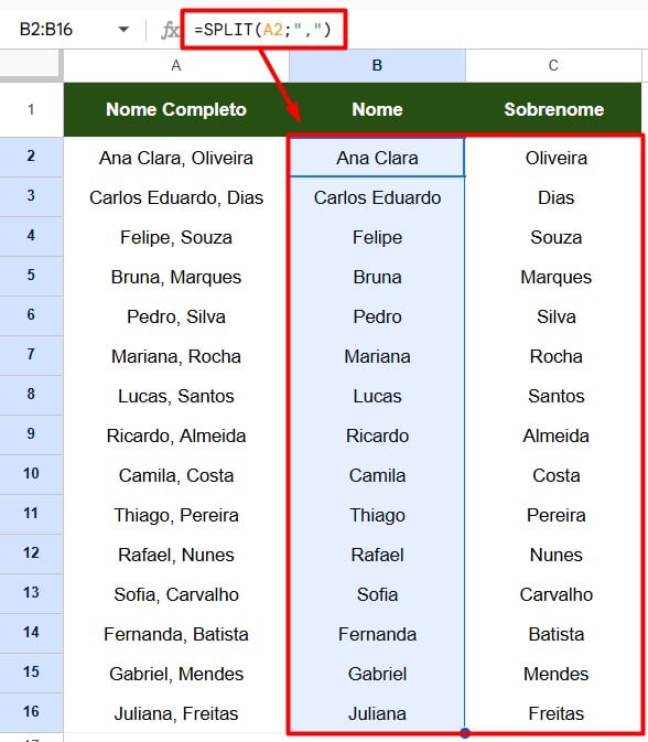 Resultado da Função SPLIT no Google Sheets