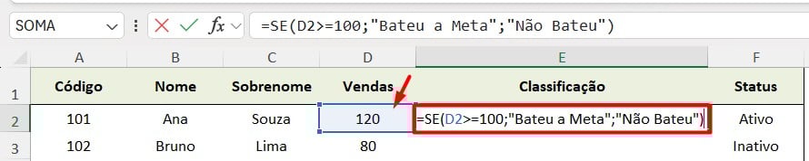 Função SE no Excel