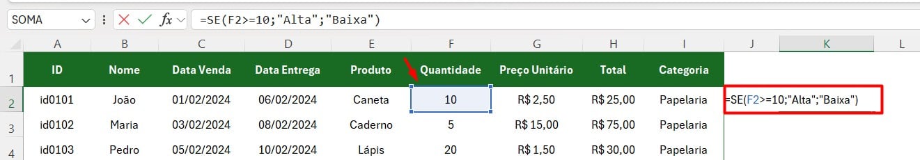 Função SE no Excel