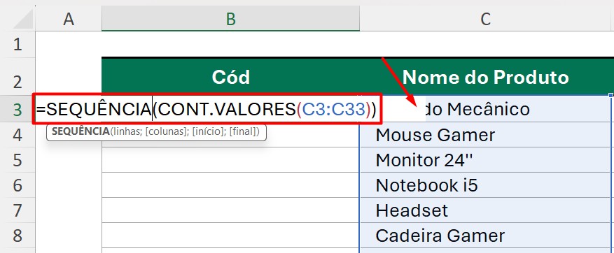Função SEQUÊNCIA no Excel