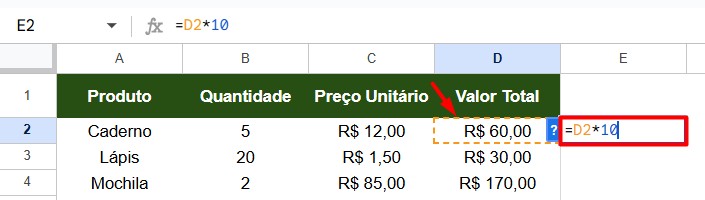 Multiplicando Valores no Google Sheets