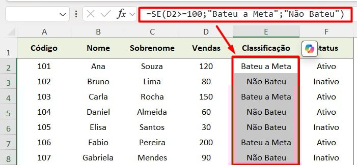 Função SE no Excel