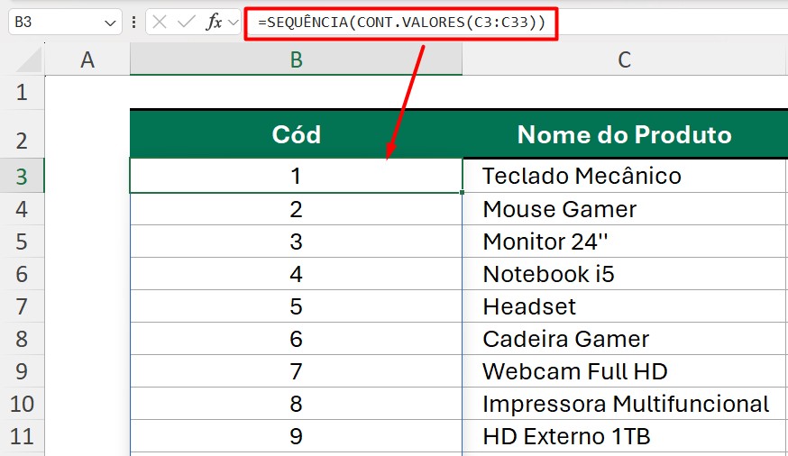 Função SEQUÊNCIA no Excel