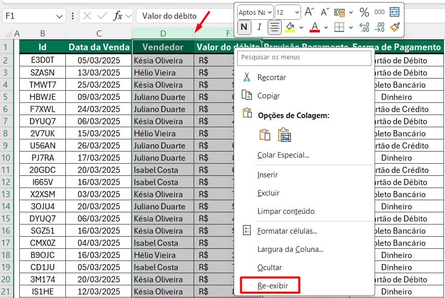 Reexibir Colunas no Excel