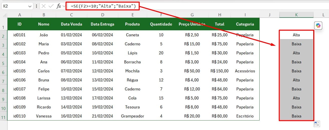 Resultado da Função SE