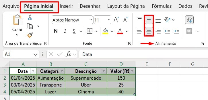 Alinhando Texto no Excel