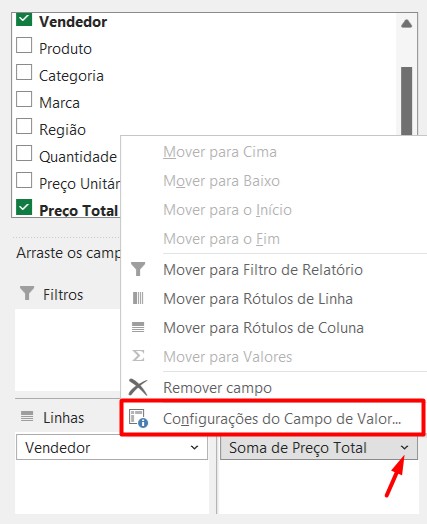 Configuração do Campo Valor na Tabela Dinâmica no Excel