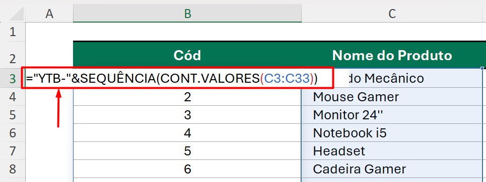 Inserindo o Código em uma Sequência Numérica no Excel