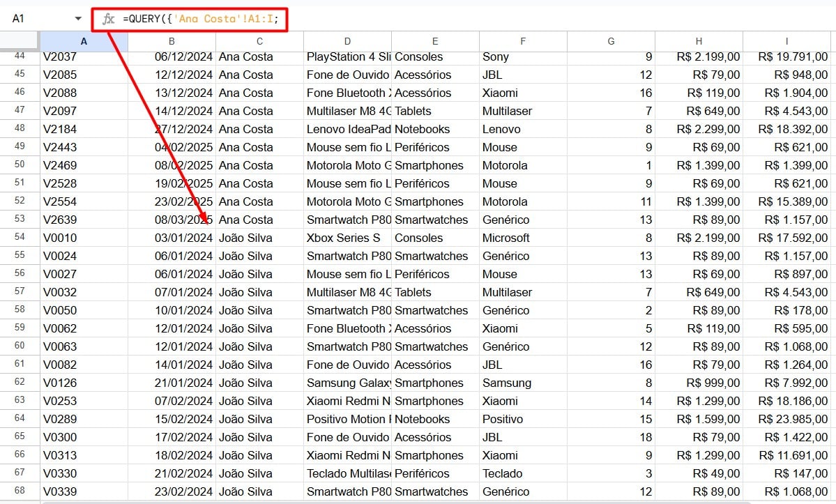 Resultado da Função QUERY no Google Sheets