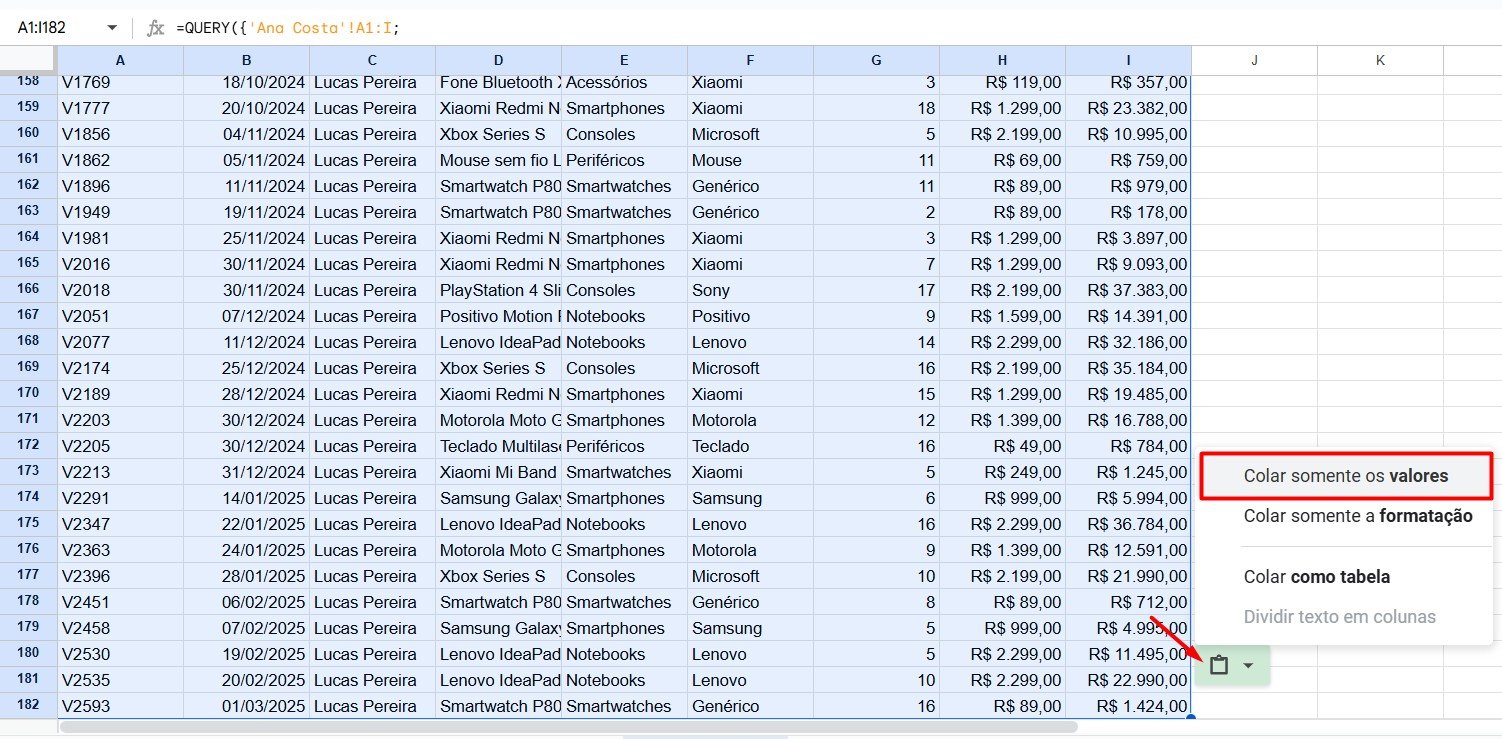 Colando Somente Valores no Google Sheets