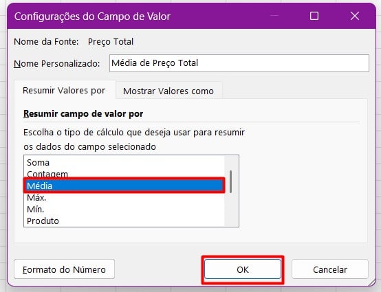 Configuração do Campo Valor na Tabela Dinâmica no Excel