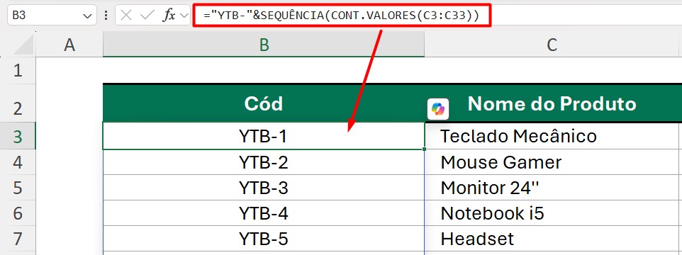 Inserindo o Código em uma Sequência Numérica no Excel